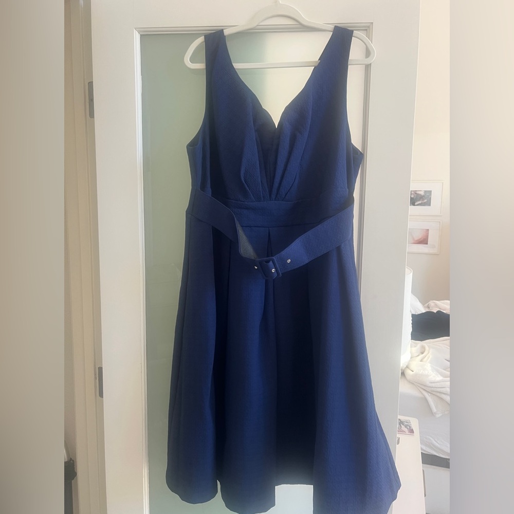 ASOS Navy V‑Neck A-Line Midi Dress with Belt